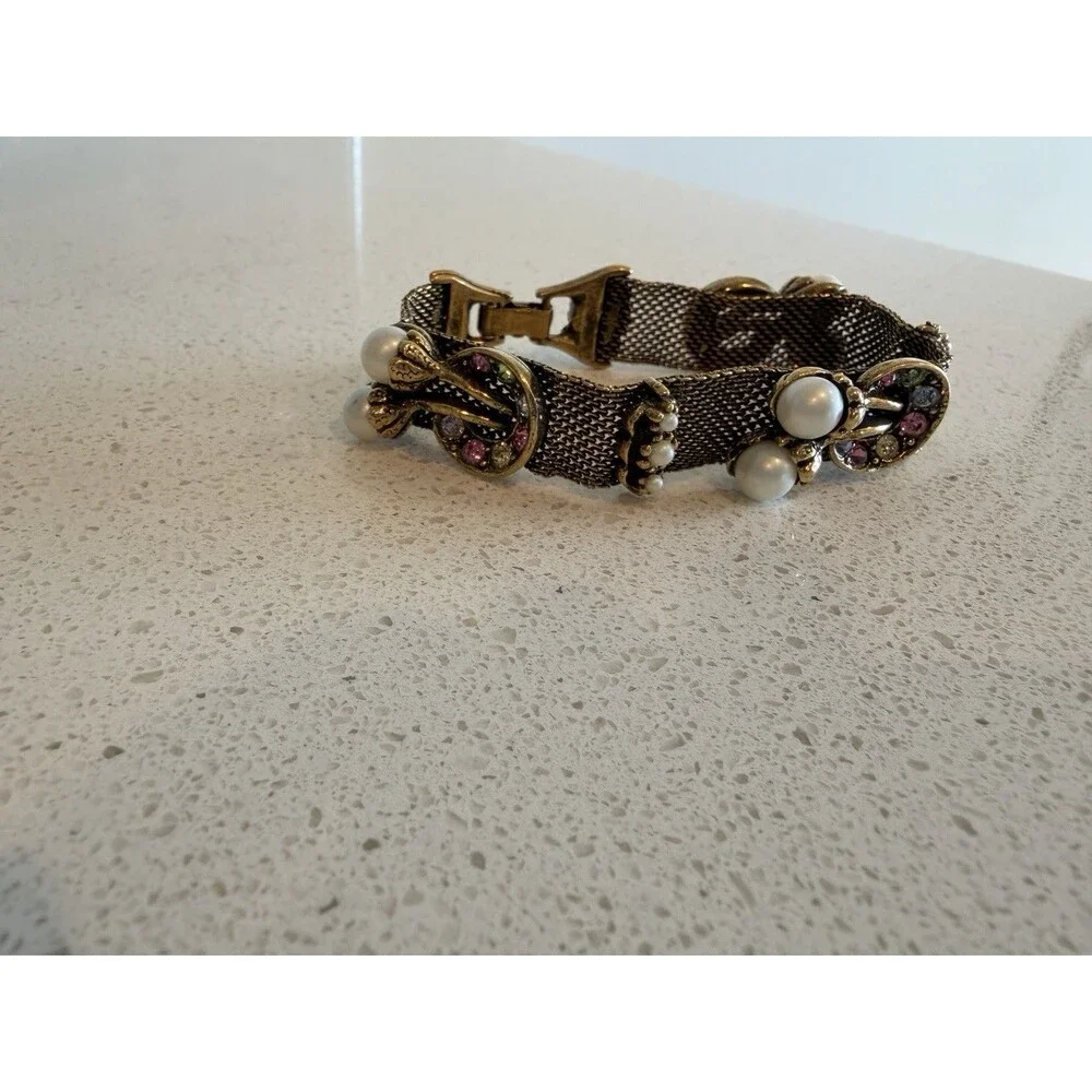 Vintage 1940s Multi-colored Diamante And Pearl Mesh Bracelet
